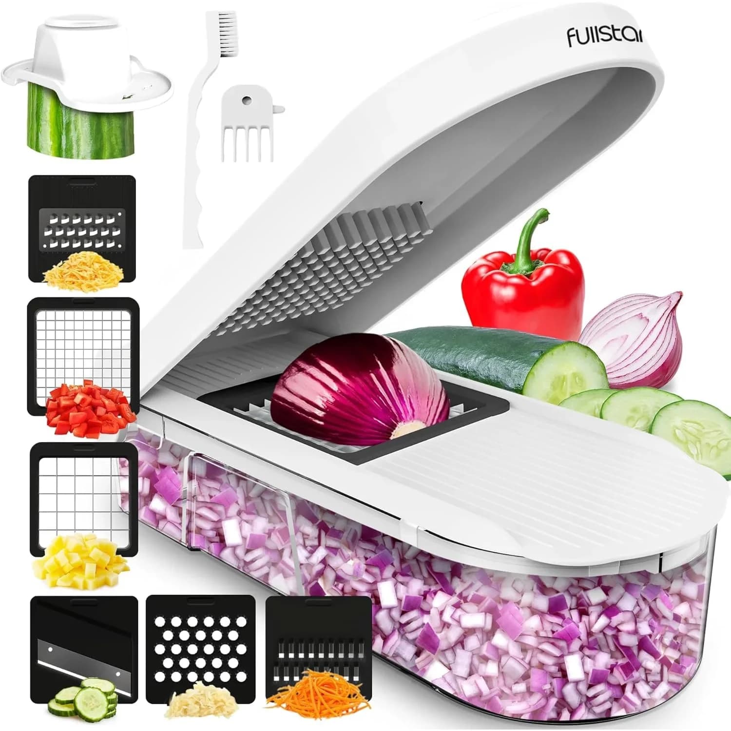 Fullstar 6-in-1 Vegetable Chopper & Mandoline Slicer with Container | 1.2L Capacity, 6 Stainless Steel Blades, White/Black — Full White