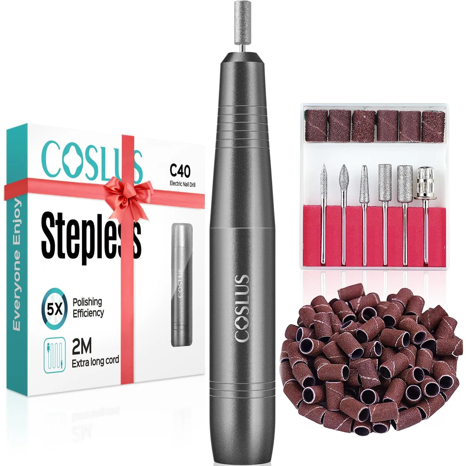 COSLUS C40 Electric Nail Drill File Kit Grey | Professional Acrylic Gel Dip Powder Manicure Pedicure Tools - main product image