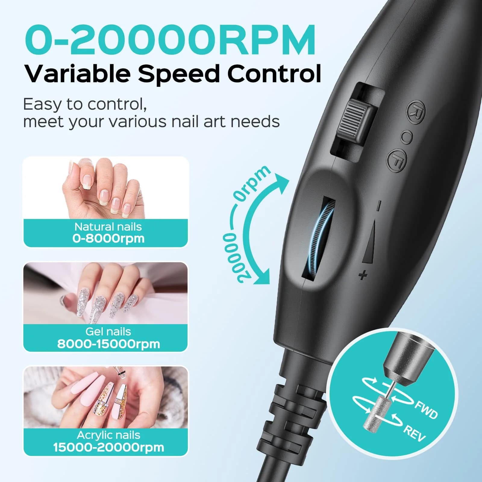 COSLUS C40 Electric Nail Drill File Kit Grey | Professional Acrylic Gel Dip Powder Manicure Pedicure Tools - view 7