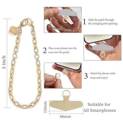 MOUTAKEY Metal Heart Phone Wristlet Strap with Metal Phone Tether Tab - Light Gold | Universal Compatibility & Secure Anti-Theft Protection thumbnail 6