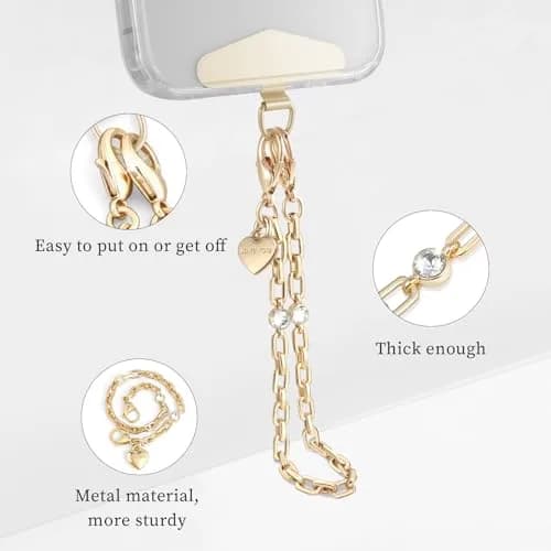 MOUTAKEY Metal Heart Phone Wristlet Strap with Metal Phone Tether Tab - Light Gold | Universal Compatibility & Secure Anti-Theft Protection thumbnail 4