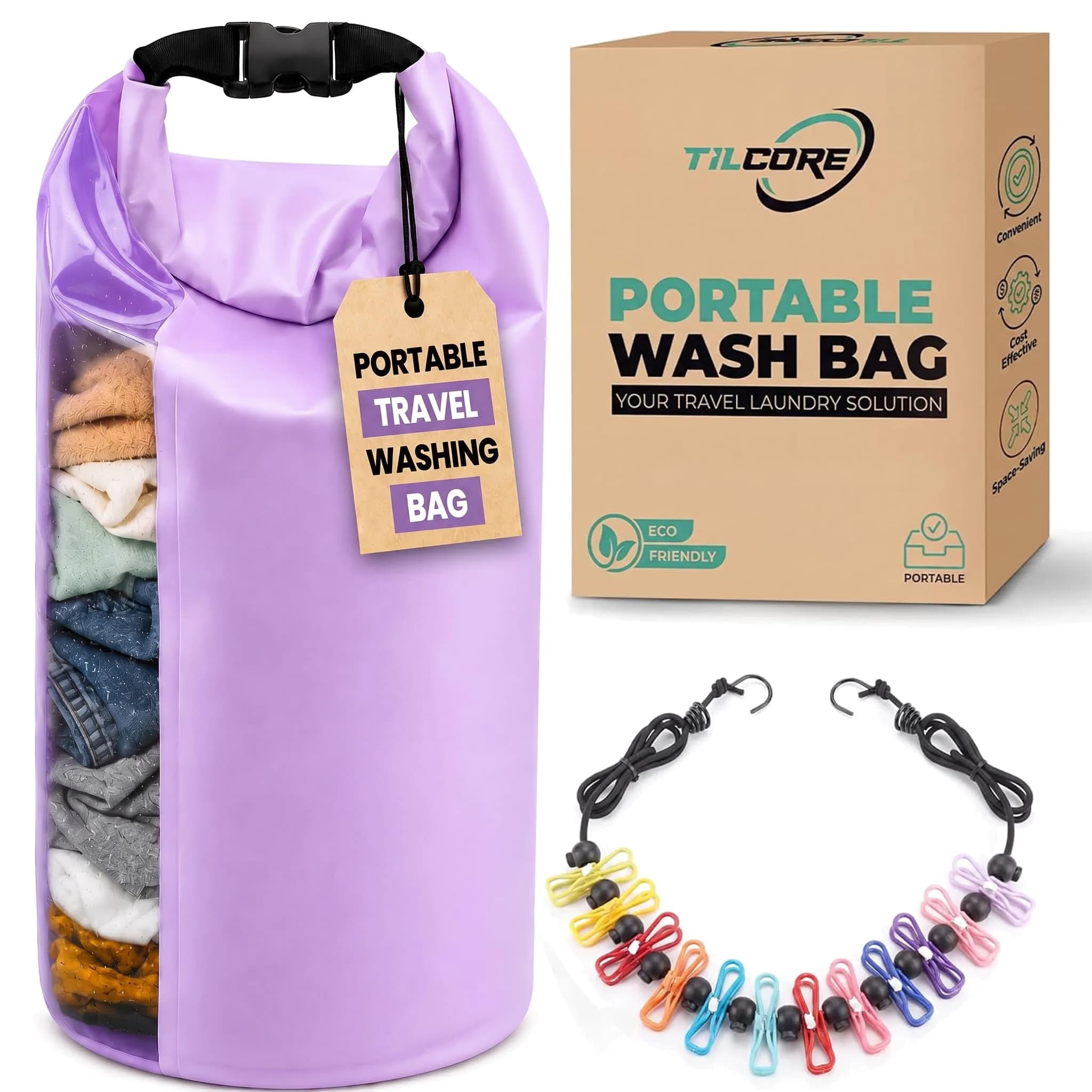 Tilcore Portable Wash Bag with Retractable Clothesline - 3L (101 Fl Oz) Lavander | Non-Electric Manual Washer for Travel & Camping — Lavander