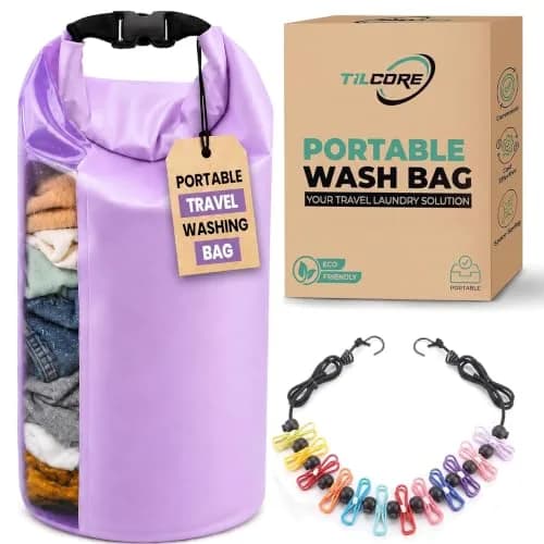 Tilcore Portable Wash Bag with Retractable Clothesline - 3L (101 Fl Oz) Lavander | Non-Electric Manual Washer for Travel & Camping thumbnail 1