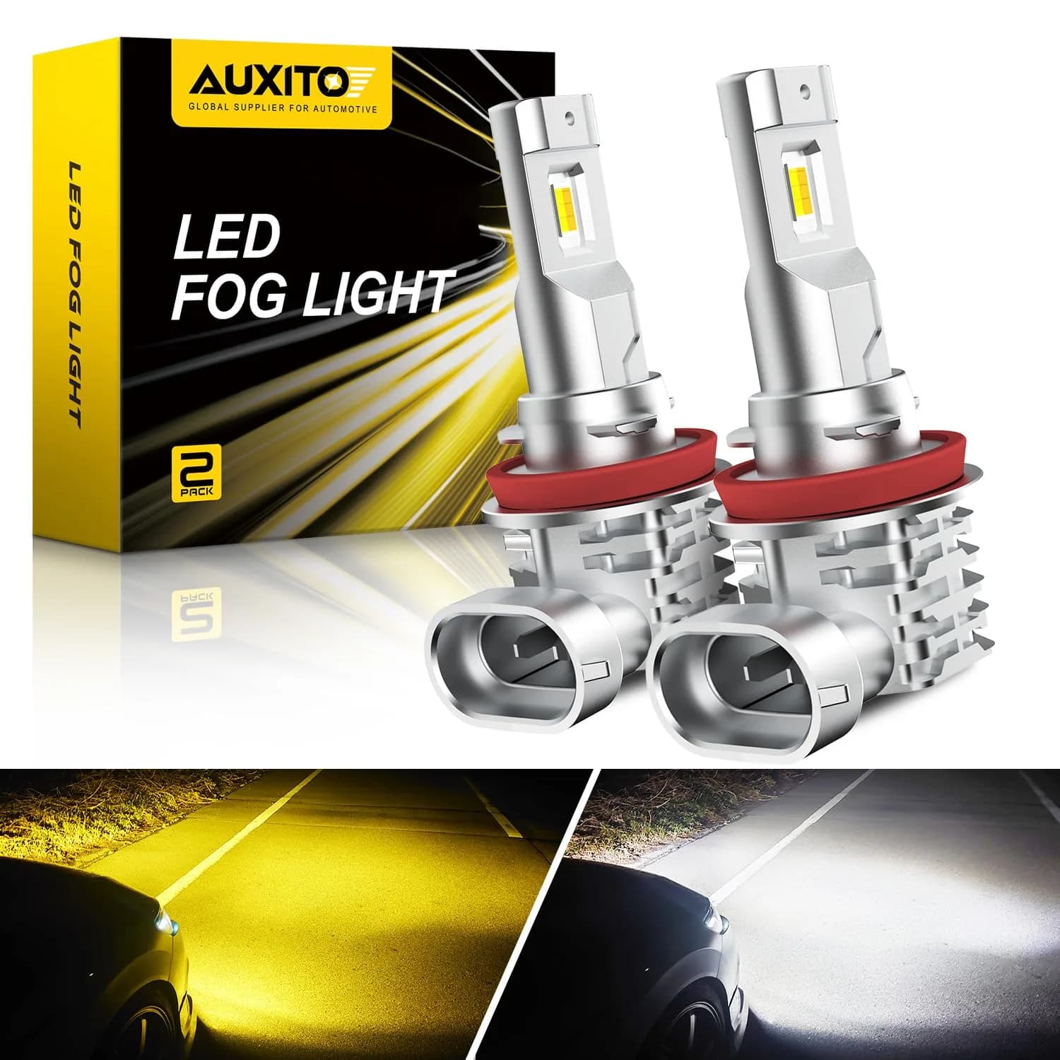 AUXITO H11/H8/H16 Switchback LED Fog Light Bulbs - Dual Color White & Yellow, 2-Pack - main product image