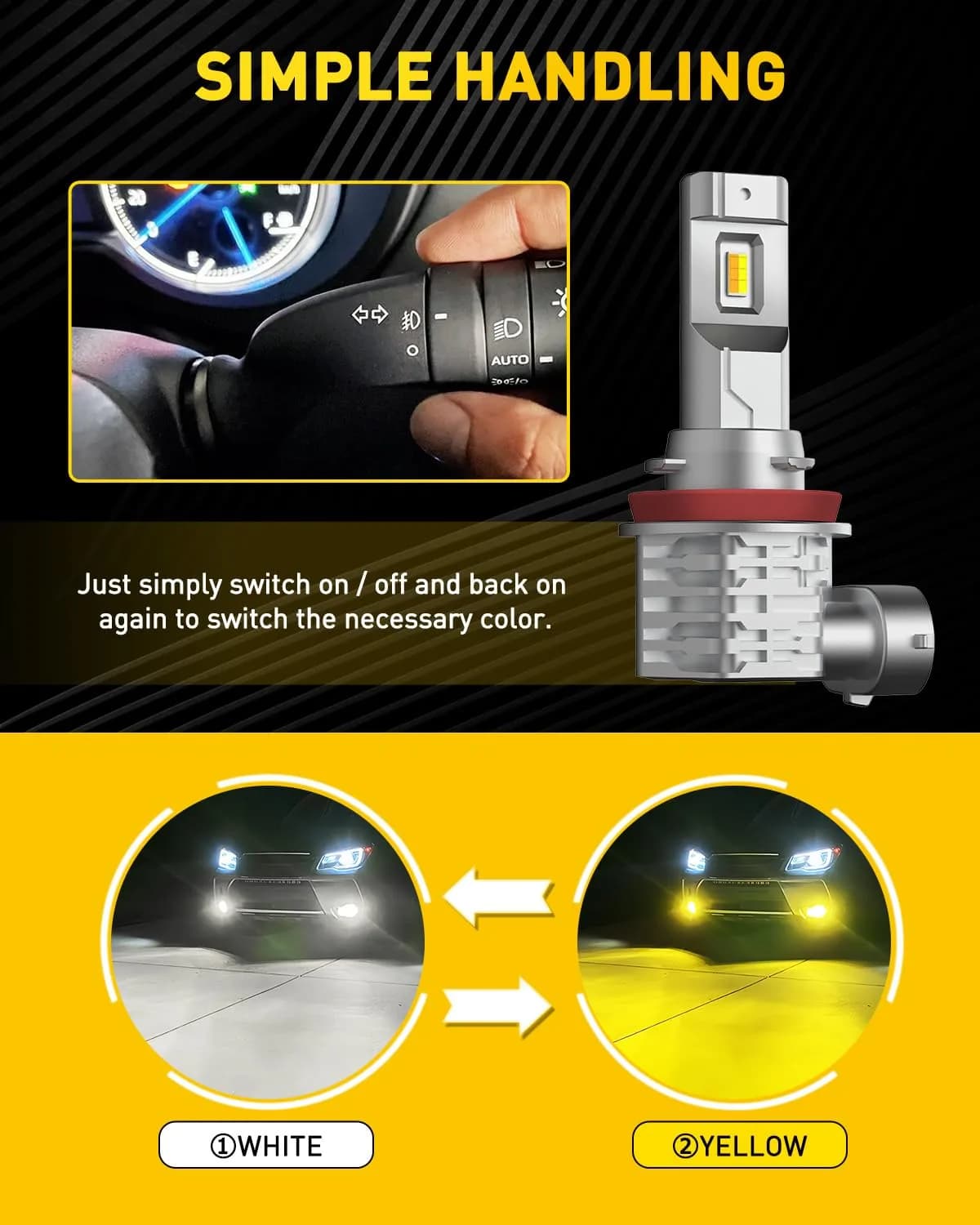 AUXITO H11/H8/H16 Switchback LED Fog Light Bulbs - Dual Color White & Yellow, 2-Pack - view 4