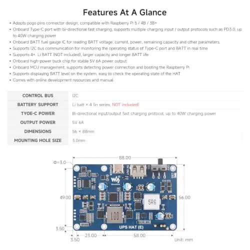 waveshare UPS HAT (E) Compatible with Raspberry Pi 5/4B/3B+ | Bi-Directional Fast Charging, 5V 6A, Pogo Pins thumbnail 4