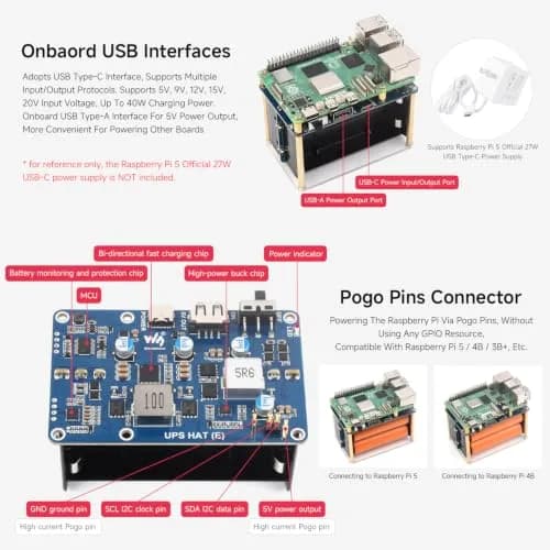 waveshare UPS HAT (E) Compatible with Raspberry Pi 5/4B/3B+ | Bi-Directional Fast Charging, 5V 6A, Pogo Pins thumbnail 6