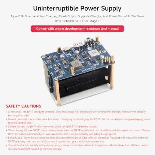 waveshare UPS HAT (E) Compatible with Raspberry Pi 5/4B/3B+ | Bi-Directional Fast Charging, 5V 6A, Pogo Pins thumbnail 3