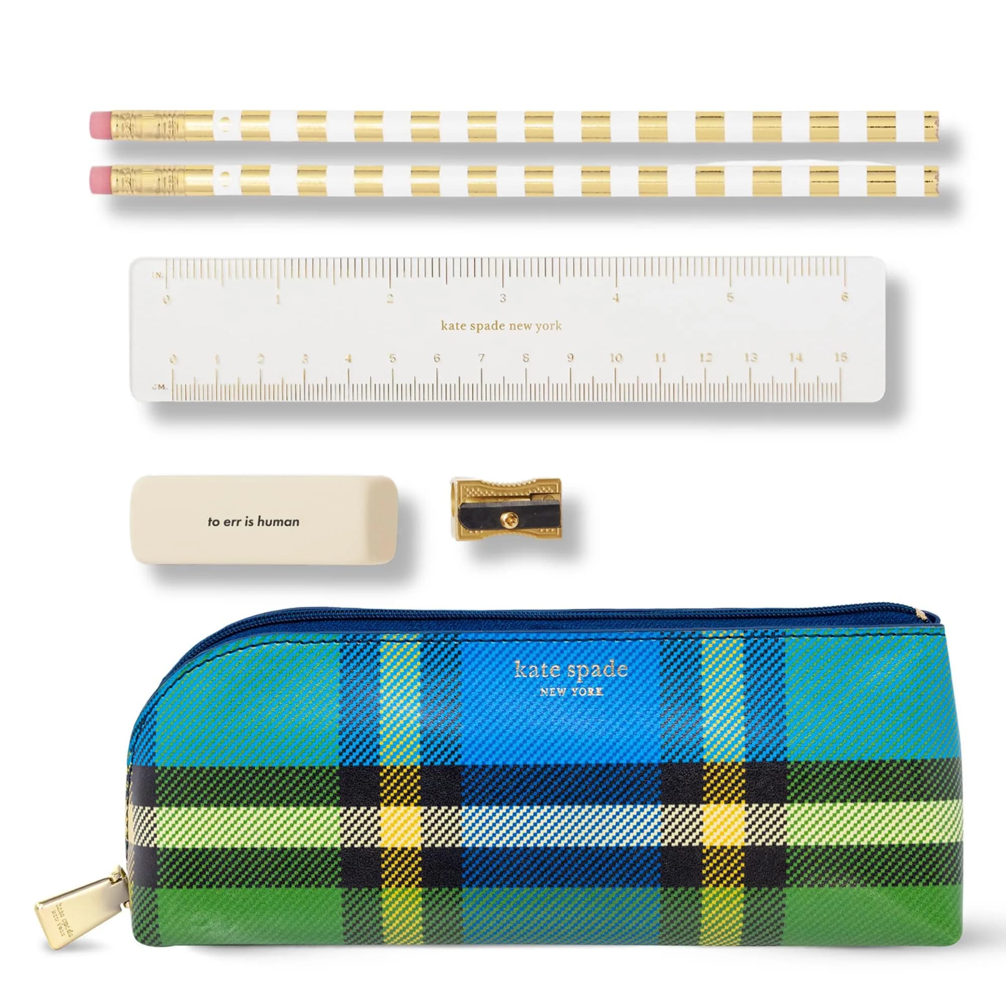 kate spade new york Pen and Pencil Case, Grand Plaid Duo | Classic Plaid Design, Durable Zipper, Compact Office & Stationery Organizer
