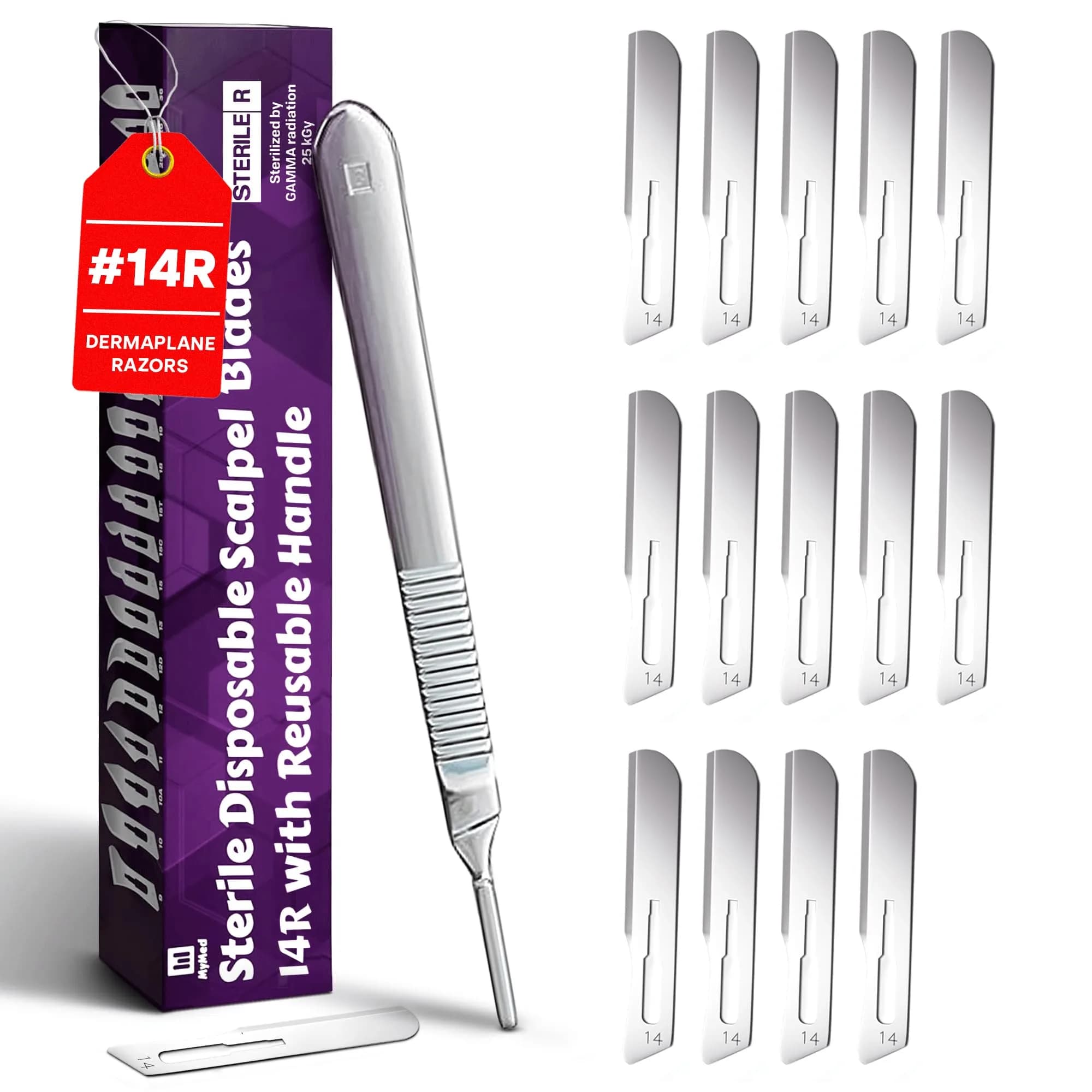 MyMed #14R Dermaplaning Razor Blades with Handle - Pack of 15 + 1 | High Carbon Steel & Stainless Steel - main product image
