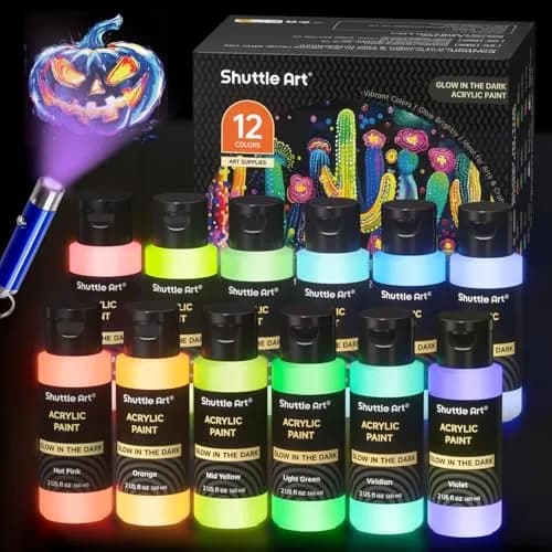 Shuttle Art Glow in the Dark Acrylic Paint Set 12 Colors 60ml (2oz) Bottles | Non-Toxic, Fast Charging, Waterproof thumbnail 1