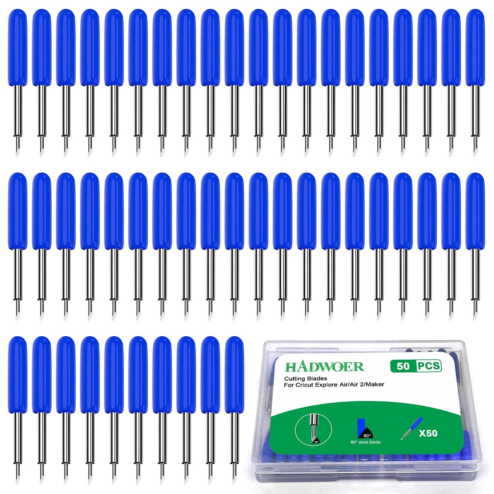 Hadwoer 50PCS Replacement Cutting Blades Set | 30/45/60 Degree Deep Cut Blades for Cricut Machines — Blue-50pcs 60 Degree Deep Cut Blades