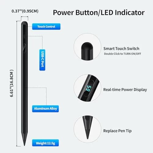 Tresoba Stylus Pen for iPad 6th-11th Gen | LED Power Display, Palm Rejection, USB-C Charging thumbnail 3