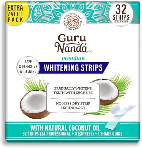 GuruNanda Teeth Whitening Strips Kit 32 Count (Pack of 1) | Hydrogen Peroxide & Coconut Oil for Brighter Smile thumbnail 1
