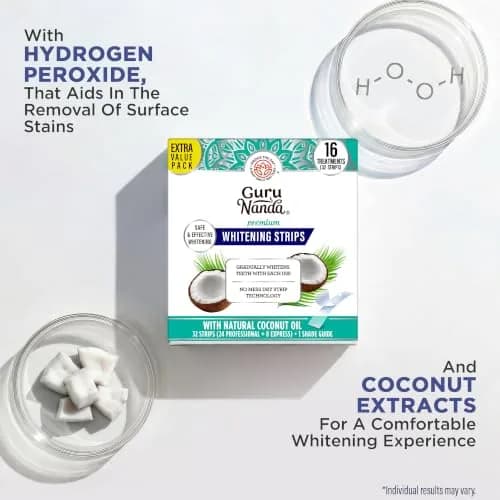 GuruNanda Teeth Whitening Strips Kit 32 Count (Pack of 1) | Hydrogen Peroxide & Coconut Oil for Brighter Smile thumbnail 4