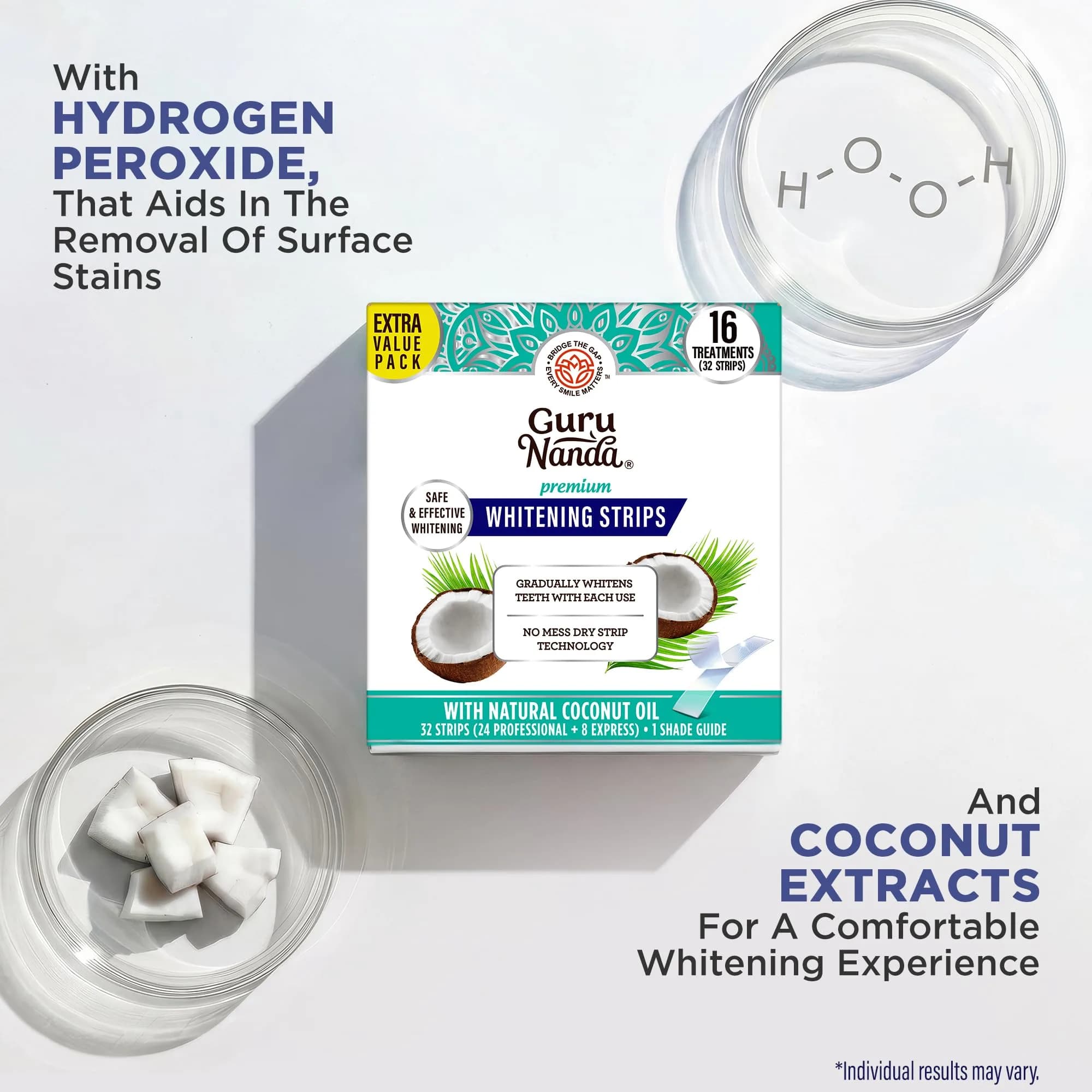 GuruNanda Teeth Whitening Strips Kit 32 Count (Pack of 1) | Hydrogen Peroxide & Coconut Oil for Brighter Smile - view 4