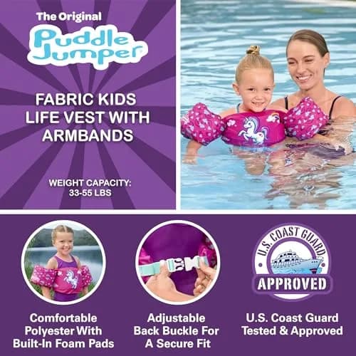 Bestway Puddle Jumper Kids Life Vest with Armbands | US Coast Guard Approved | Youth Swim Trainer | 15-25kg | Adjustable | Polyester | Pink Unicorn thumbnail 2