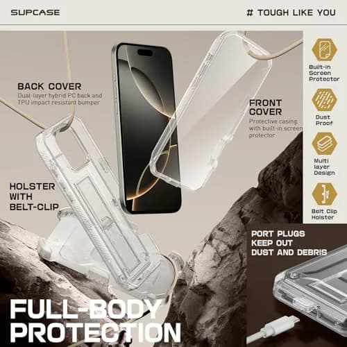 SUPCASE for iPhone 16 Pro Max Case with Screen Protector & Stand, Clear thumbnail 6