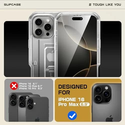 SUPCASE for iPhone 16 Pro Max Case with Screen Protector & Stand, Clear thumbnail 2