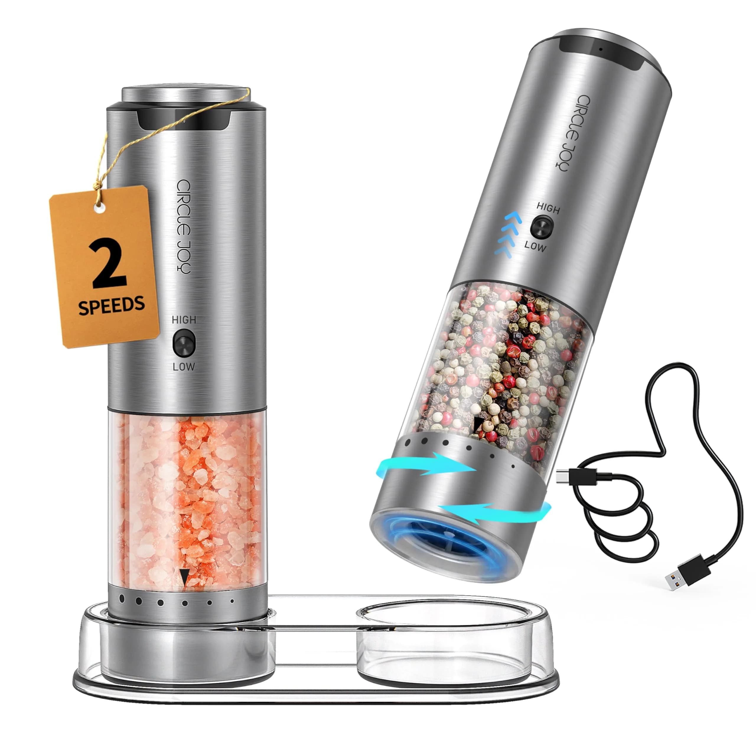CIRCLE JOY Rechargeable Electric Salt and Pepper Grinder Set with Base, Stainless Steel Mills, 95ml Container, White LED, Adjustable Coarseness | Imported from USA — 2-Speed Rechargeable Set with Base