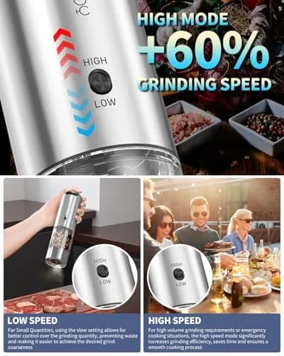 CIRCLE JOY Electric Salt and Pepper Grinder Set with Storage Base, 2-Speed Rechargeable, Adjustable Coarseness, Stainless Steel, White LED Light thumbnail 2