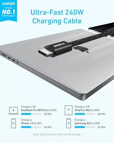 Anker Zolo USB-C to USB-C Cable 1.8m (6 ft) 240W Braided Black | Fast Charging & Data Transfer thumbnail 2