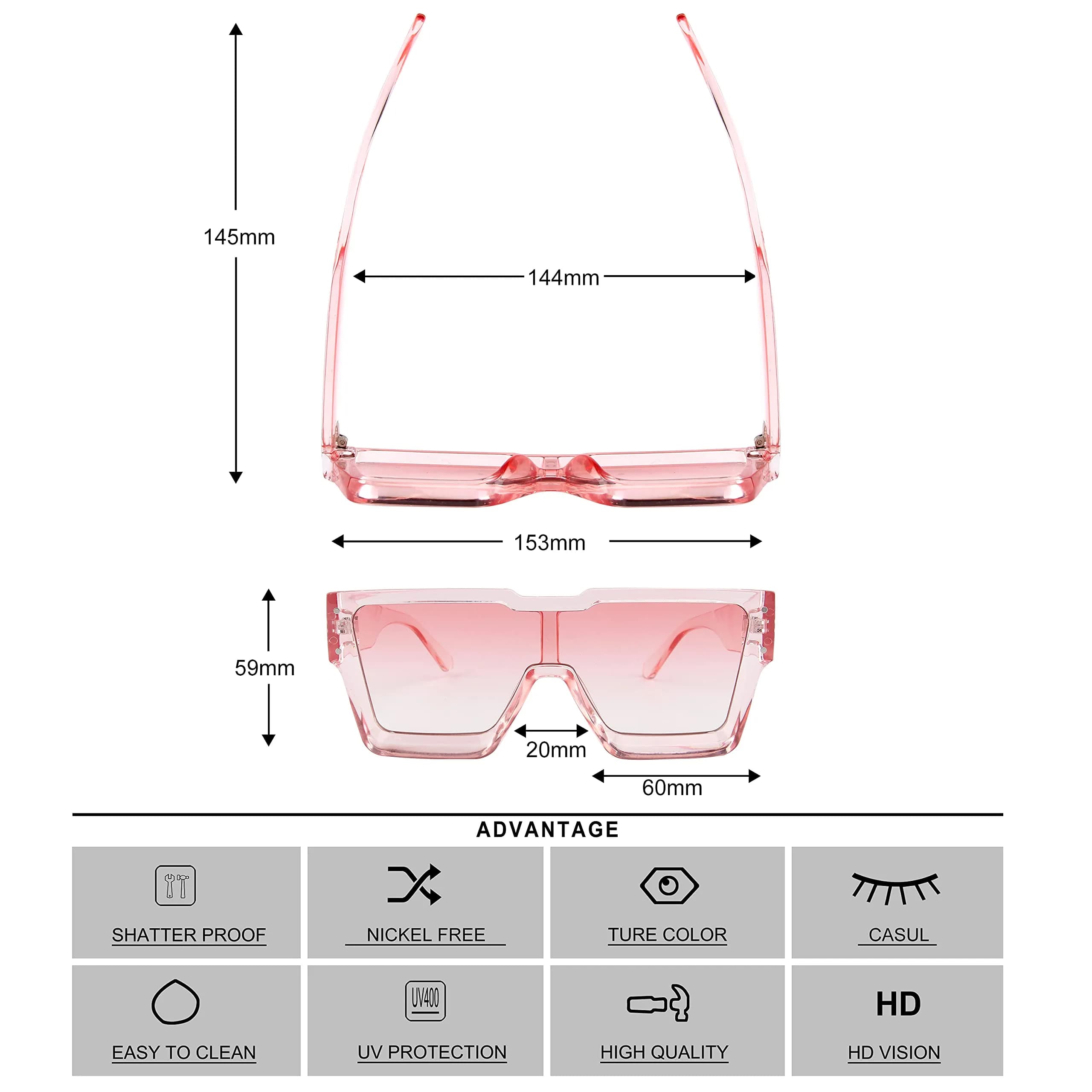 KENBO Oversized Crystal Pink Frame & Lens Square Sunglasses for Women & Men - view 4