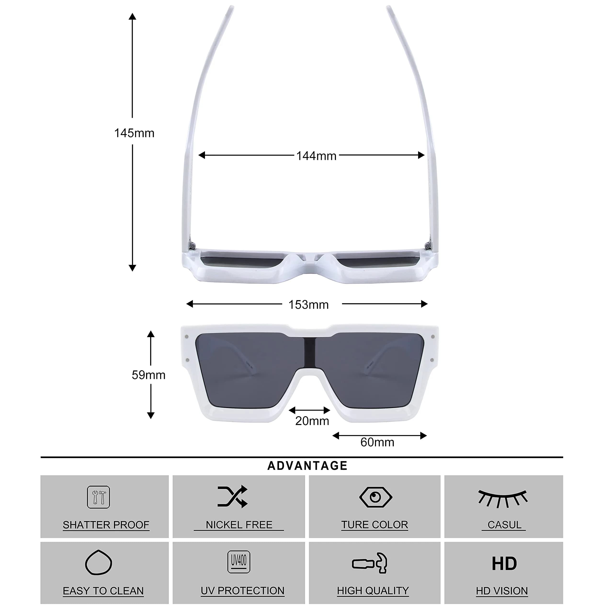 KENBO Oversized White Frame Dark Grey Lens Square Sunglasses for Women Men - view 3