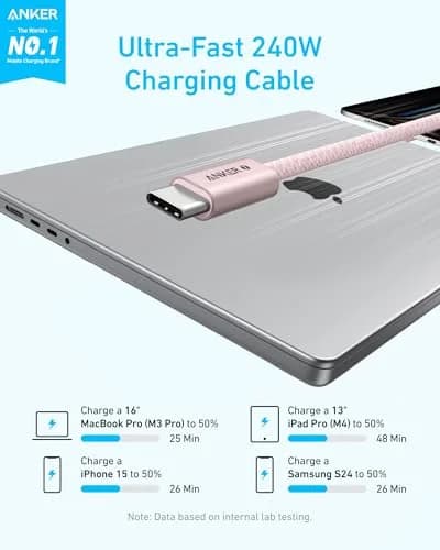Anker Zolo USB-C to USB-C Cable 6 ft (1.83 m) | 240W PD 3.1 Fast Charging, 480 Mbps Data, Pink Braided thumbnail 2