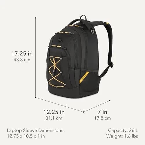 SwissGear Bungee Core Laptop Backpack, Black/Gold, 26L | Compact, Breathable & Organized for Daily Commutes thumbnail 2