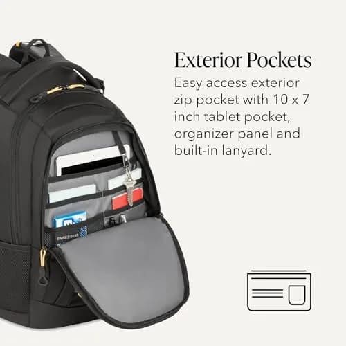 SwissGear Bungee Core Laptop Backpack, Black/Gold, 26L | Compact, Breathable & Organized for Daily Commutes thumbnail 3