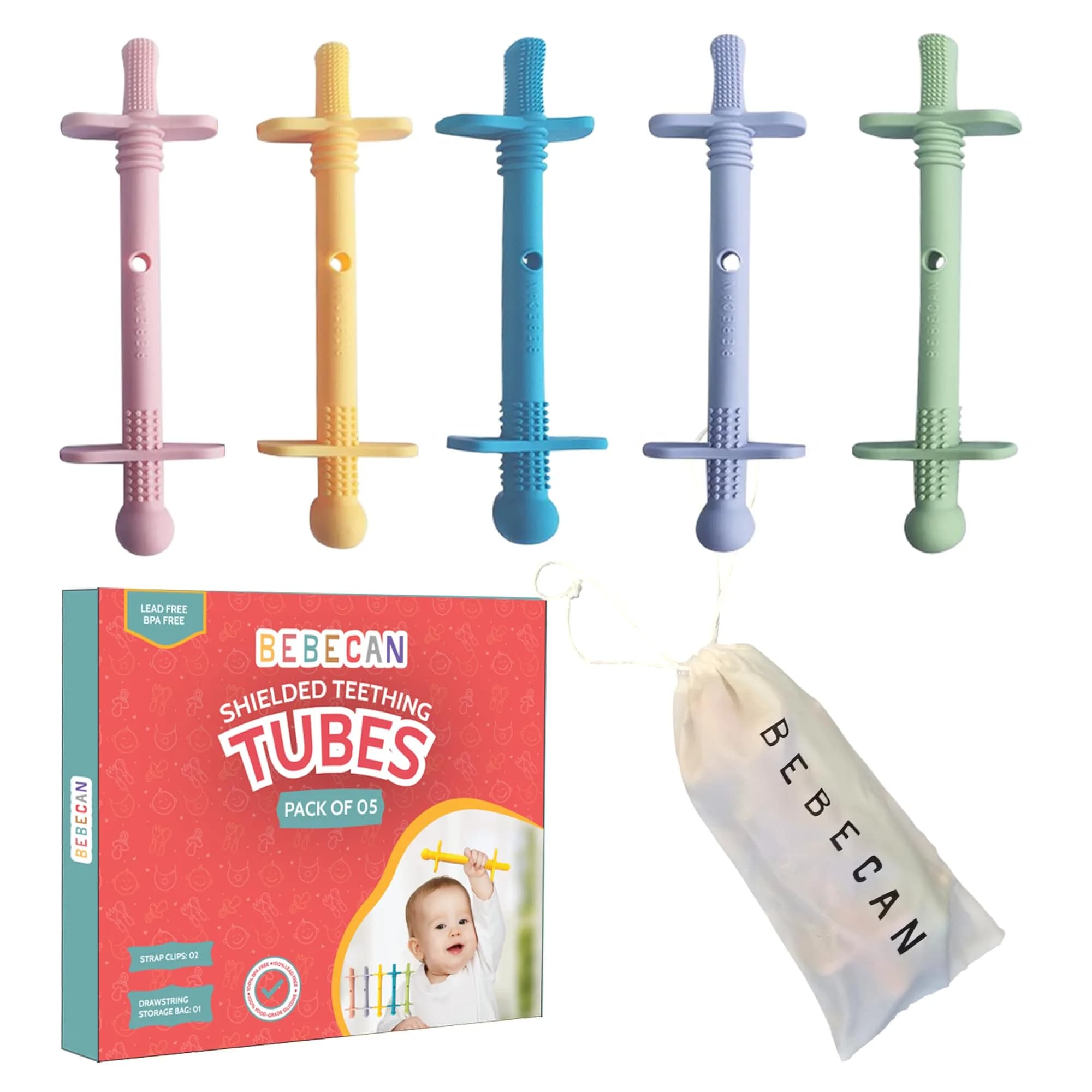 Bebecan Shielded Teething Tubes – Soft Silicone, Anti-Choking, Clip-Attachable, BPA-Free for Babies - main product image