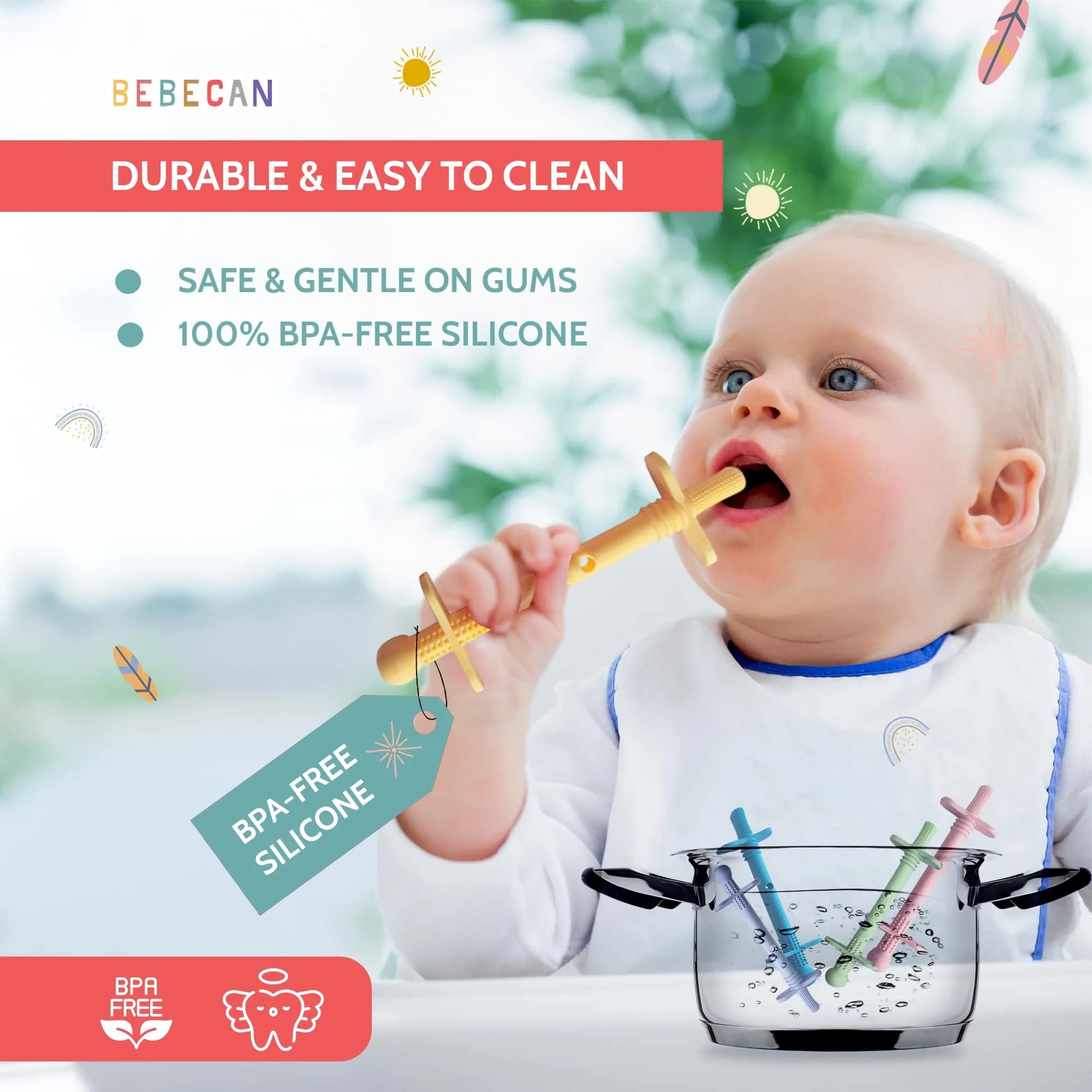 Bebecan Shielded Teething Tubes with Safety Shield, 5 Soft Tubes + 2 Clips + 2 Brushes + Bag | BPA-Free Silicone for 0-36 Months - view 5