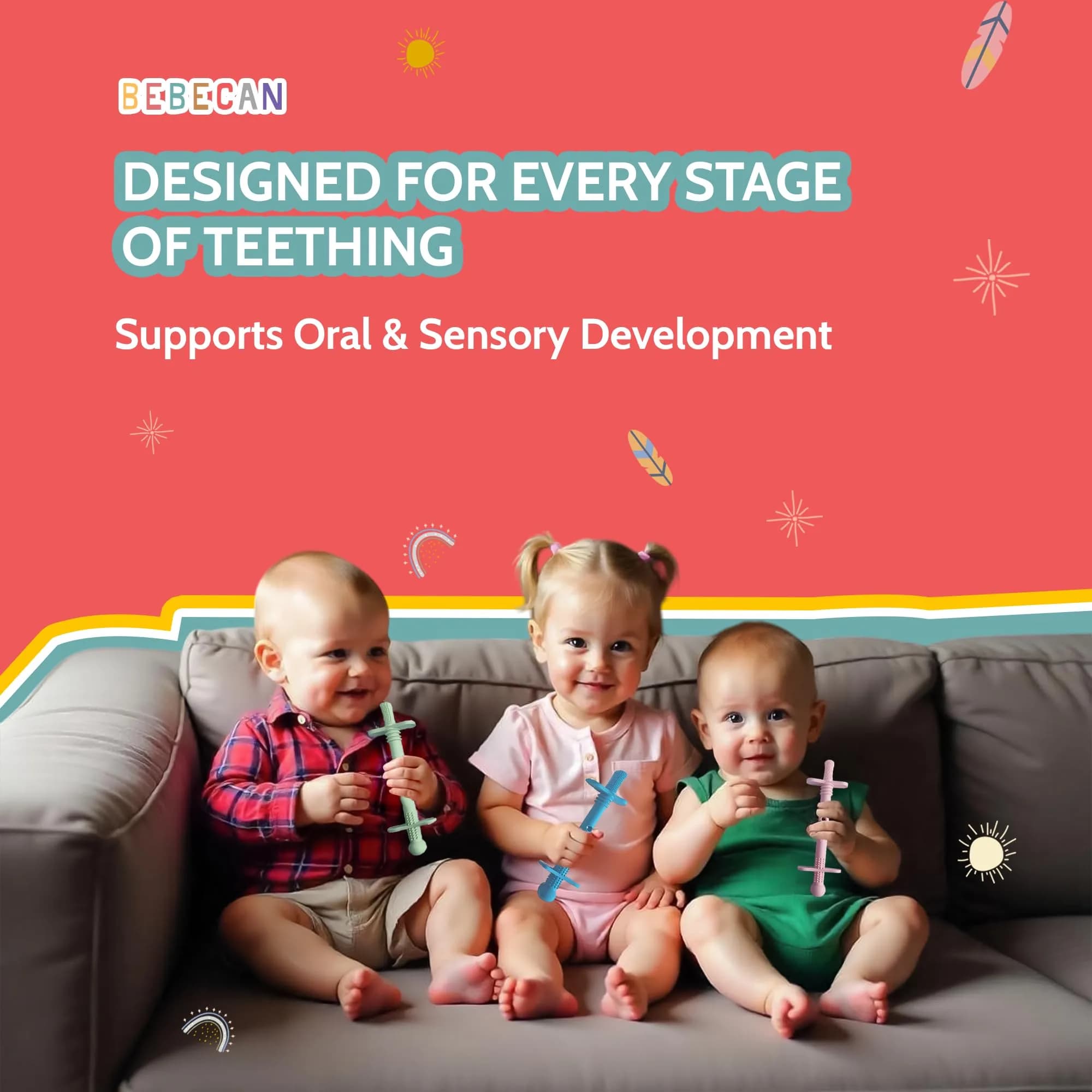 Bebecan Shielded Teething Tubes with Safety Shield, 5 Soft Tubes + 2 Clips + 2 Brushes + Bag | BPA-Free Silicone for 0-36 Months - view 6