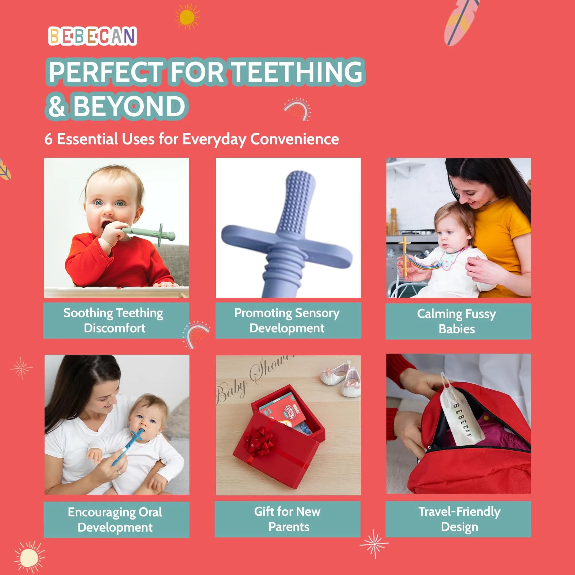 Bebecan Shielded Teething Tubes with Safety Shield, 5 Soft Tubes + 2 Clips + 2 Brushes + Bag | BPA-Free Silicone for 0-36 Months - view 8