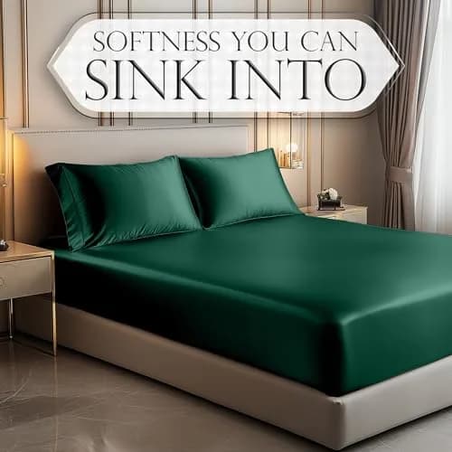 DECOLURE Satin Fitted Sheet Full Size Dark Green | Silky Smooth Luxury with 15-Inch Deep Pockets thumbnail 4