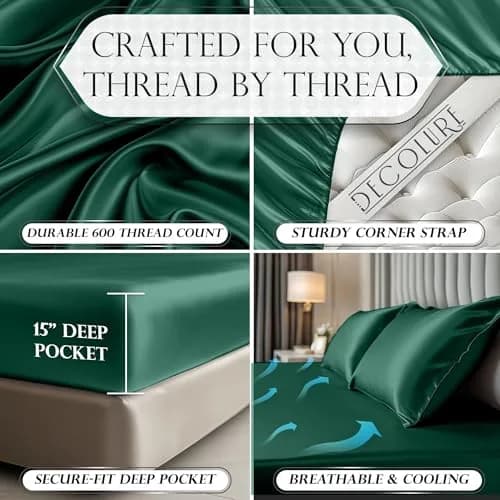 DECOLURE Satin Fitted Sheet Full Size Dark Green | Silky Smooth Luxury with 15-Inch Deep Pockets thumbnail 3