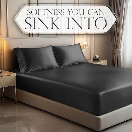 DECOLURE Satin Fitted Sheet King Size 78" L x 80" W x 15" D | Luxury Silky Smooth Fabric | Stone Grey thumbnail 4