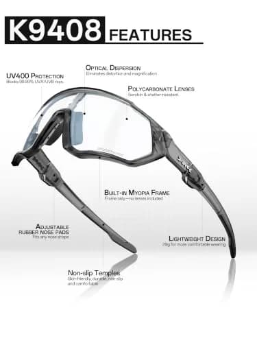 KAPVOE 60-Photochromic Dark Gray Cycling Glasses for Men & Women | Adapts to UV Light thumbnail 4