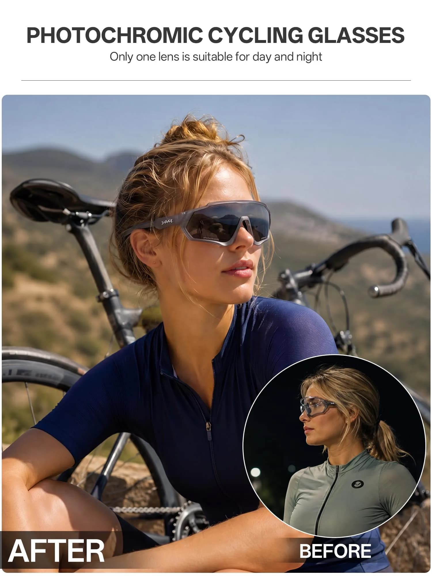 KAPVOE 60-Photochromic Dark Gray Cycling Glasses for Men & Women | Adapts to UV Light - view 2