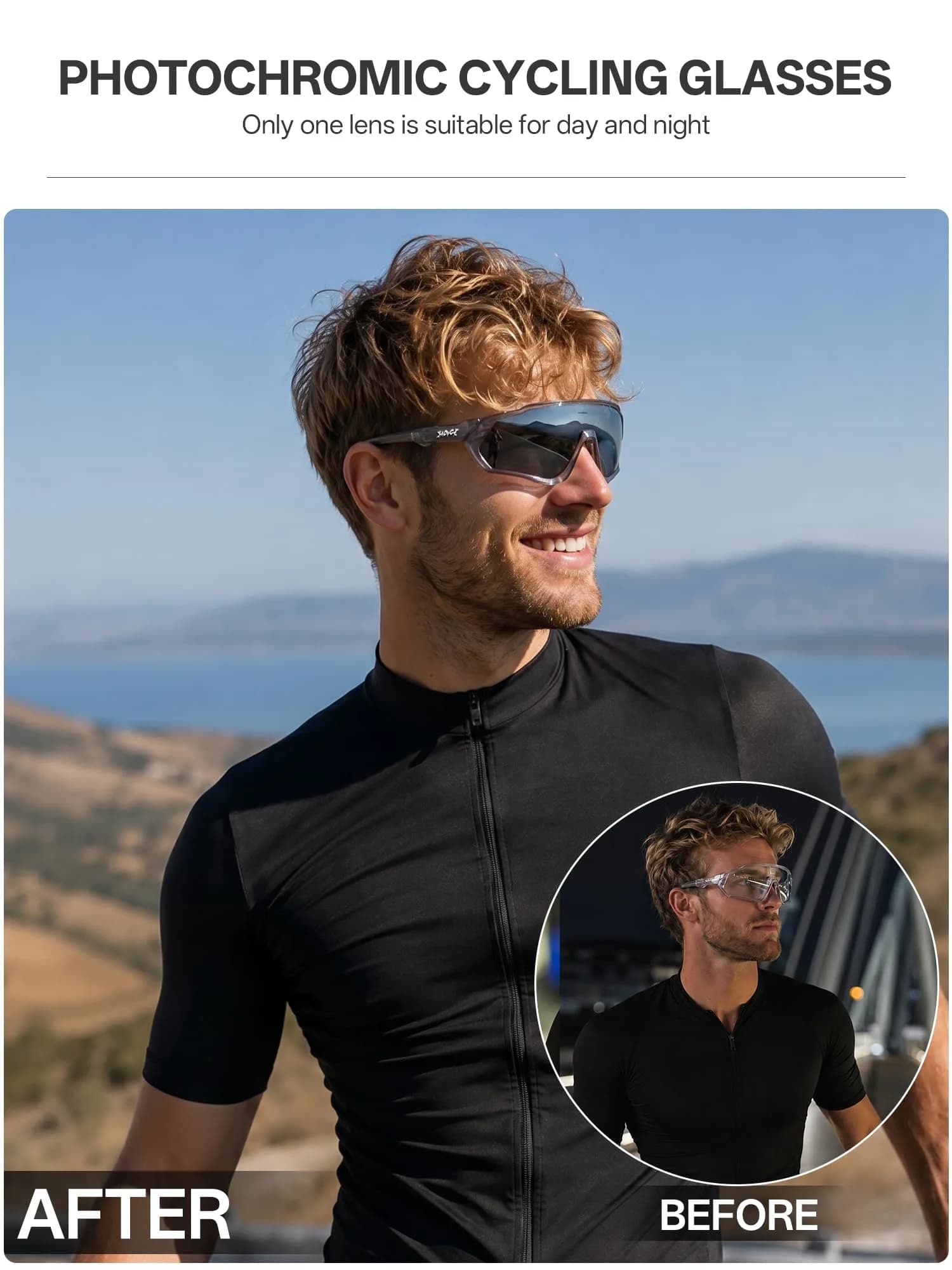 KAPVOE 60-Photochromic Dark Gray Cycling Glasses for Men & Women | Adapts to UV Light - view 3