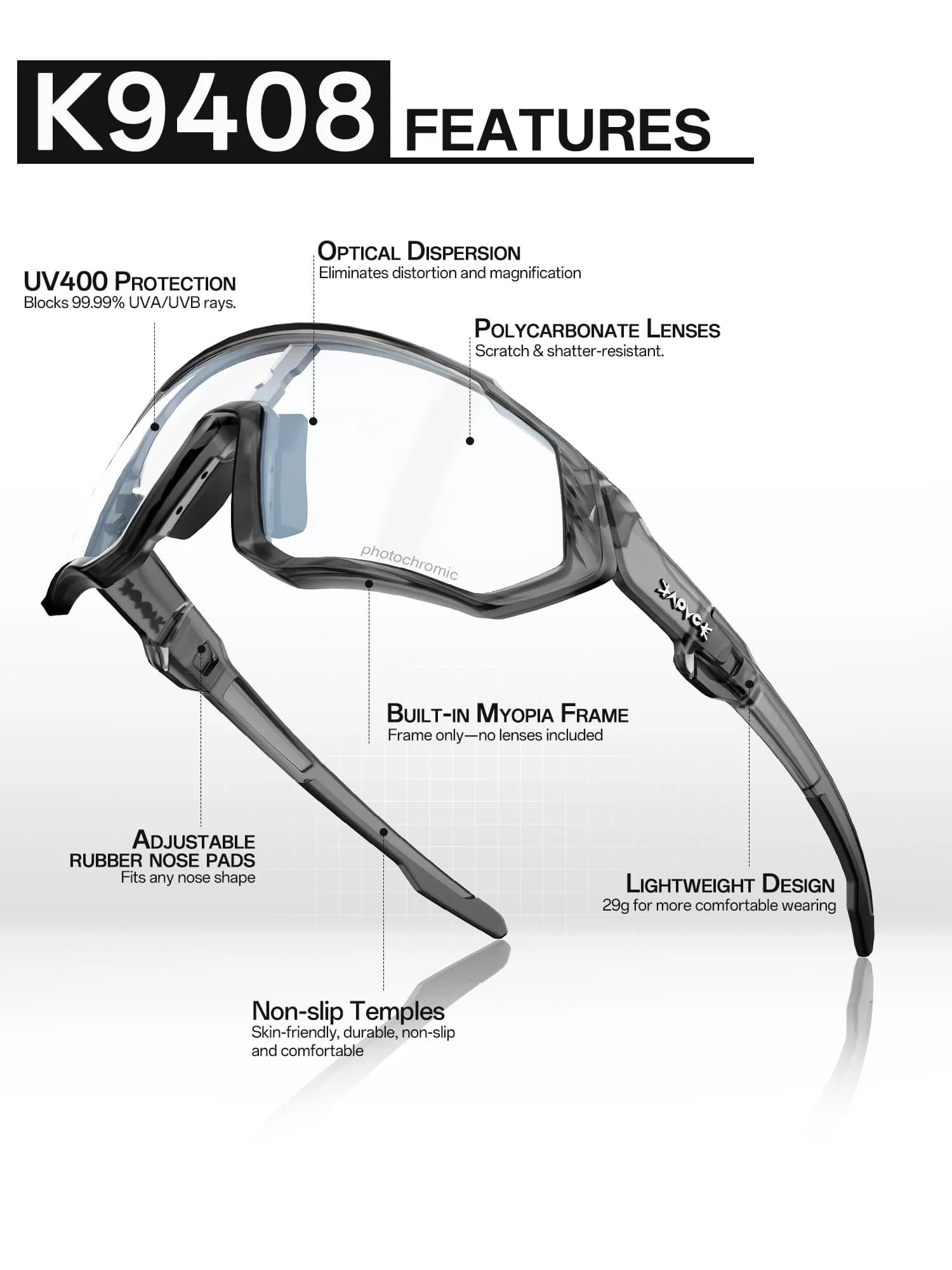 KAPVOE 60-Photochromic Dark Gray Cycling Glasses for Men & Women | Adapts to UV Light - view 4