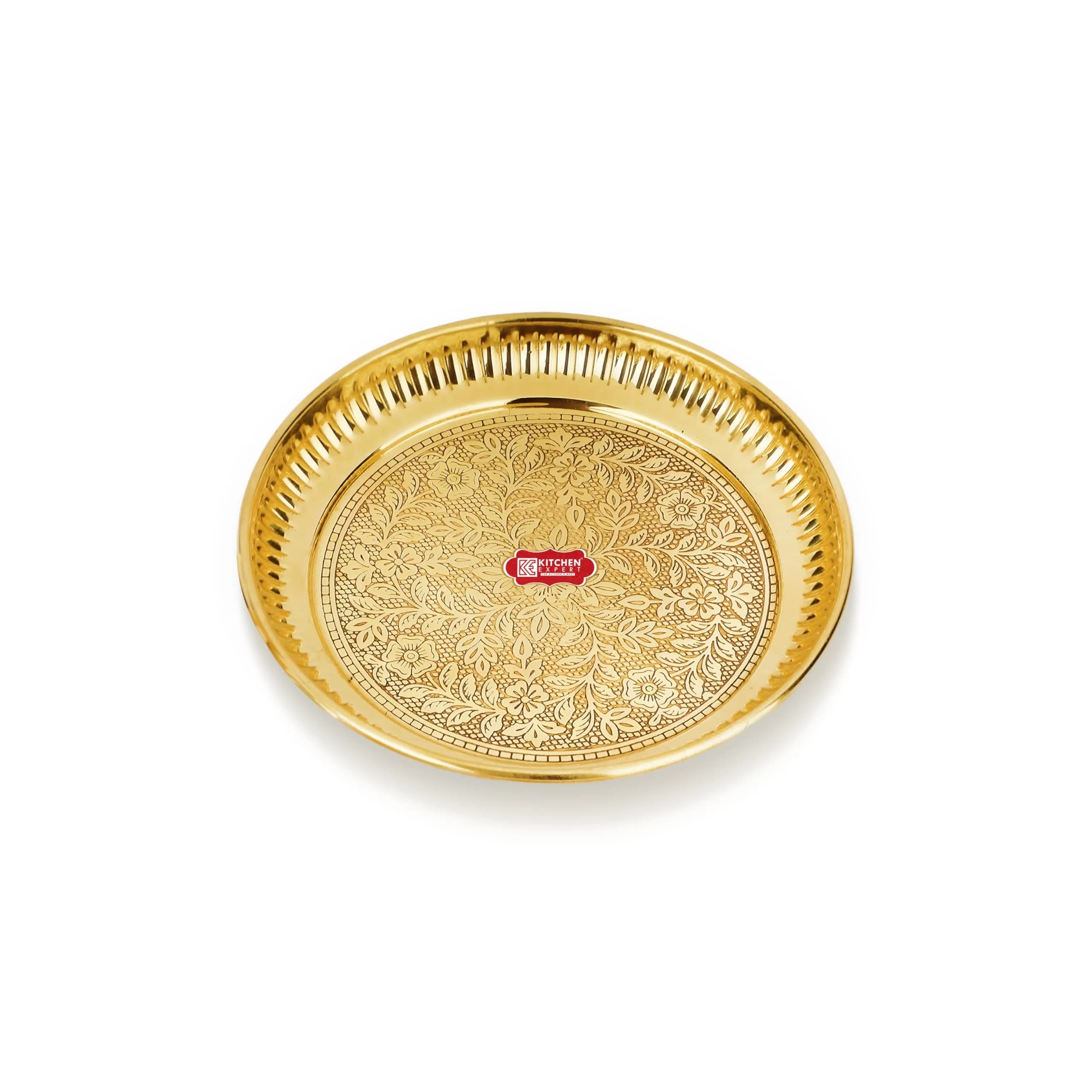 KITCHEN EXPERT Small Brass Pooja Plate 10cm Floral Engraved Handcrafted Solid Brass