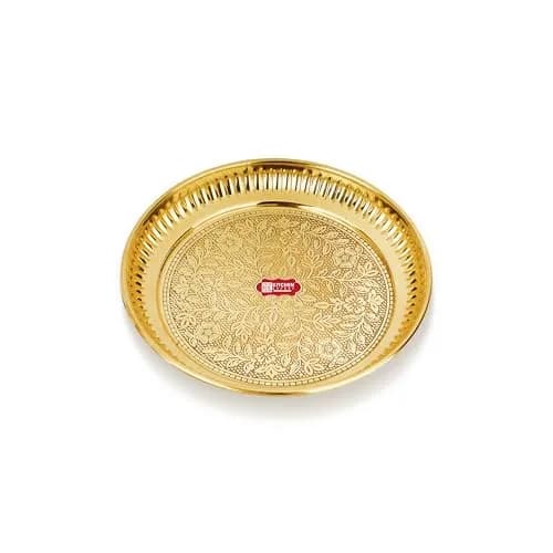 KITCHEN EXPERT Small Brass Pooja Plate 10cm Floral Engraved Handcrafted Solid Brass thumbnail 1