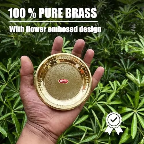 KITCHEN EXPERT Small Brass Pooja Plate 10cm Floral Engraved Handcrafted Solid Brass thumbnail 4