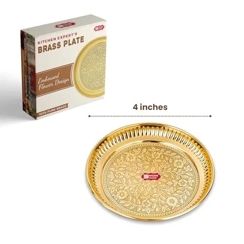 KITCHEN EXPERT Small Brass Pooja Plate 10cm Floral Engraved Handcrafted Solid Brass thumbnail 2