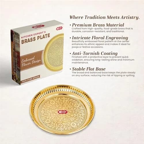 KITCHEN EXPERT Small Brass Pooja Plate 10cm Floral Engraved Handcrafted Solid Brass thumbnail 3