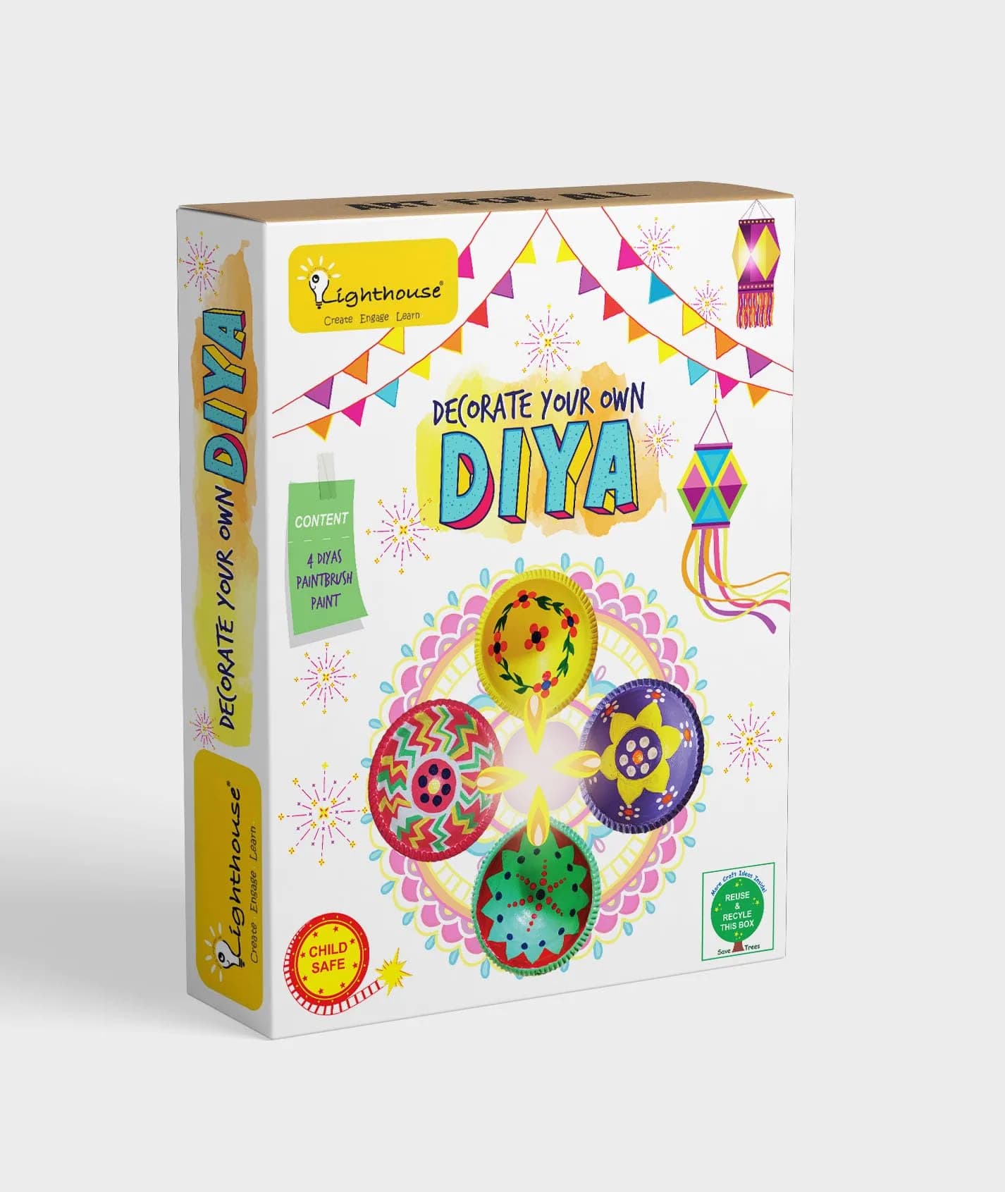 LIGHTHOUSE Artful Diya Decoration Kit | Paint Your Own Festive Decoration | 4 Mitti Diyas, Colors & Brush Included - main product image