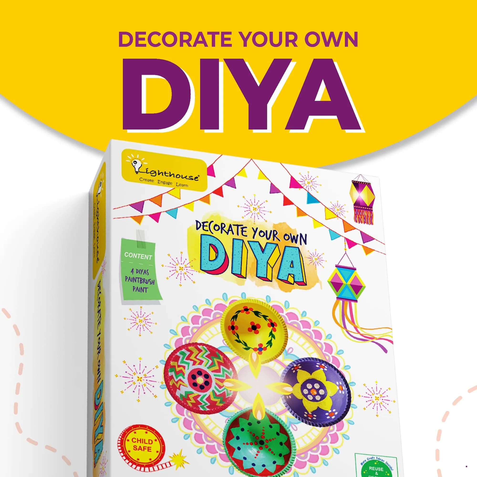 LIGHTHOUSE Artful Diya Decoration Kit | Paint Your Own Festive Decoration | 4 Mitti Diyas, Colors & Brush Included - view 2