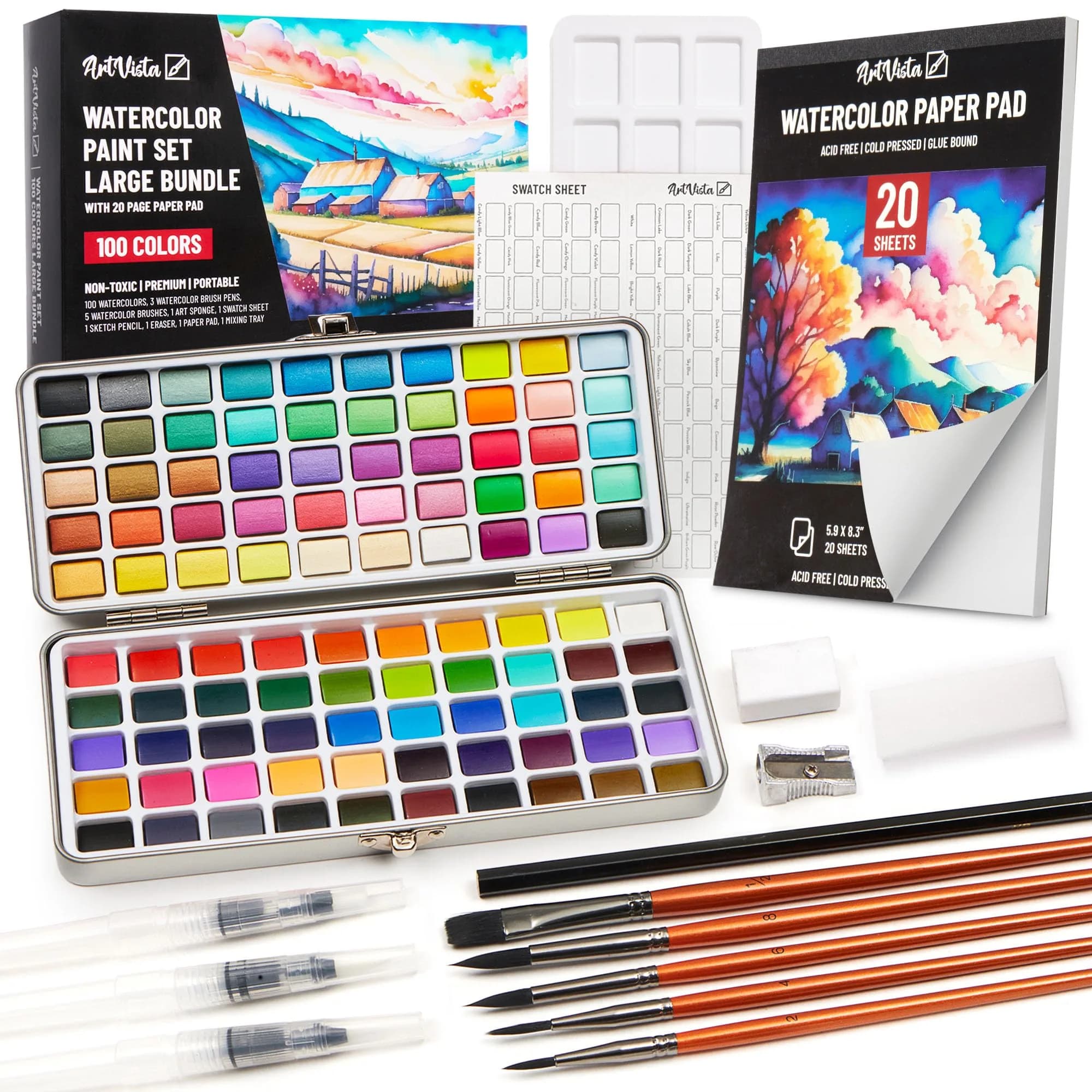Art Vista Watercolor Paint Set 100 Vibrant Colors, Metallics & Neons | ASTM D-4236 Certified — Large Set